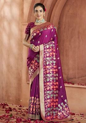 Purple Embroidered Poly Blend Saree Set With Blouse