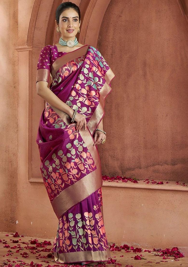 Purple Embroidered Poly Blend Saree Set With Blouse