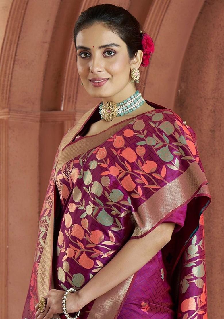Purple Embroidered Poly Blend Saree Set With Blouse