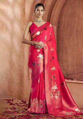 Red Woven Design Poly Blend Saree Set With Blouse