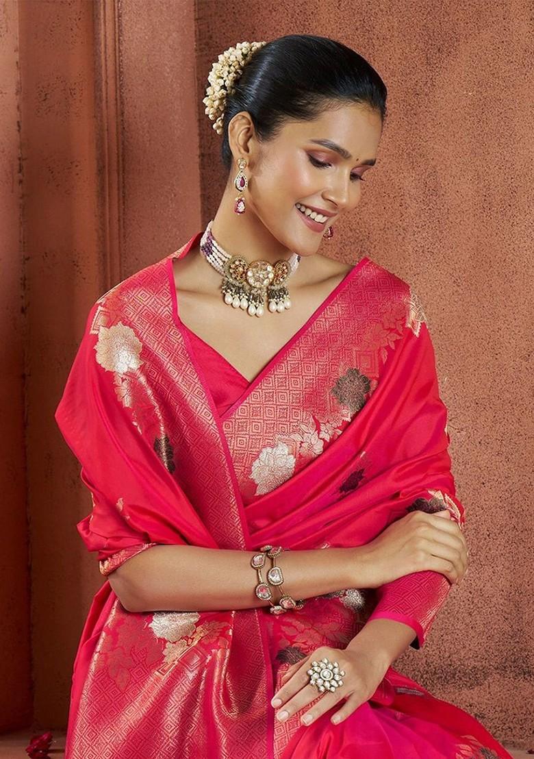 Red Woven Design Poly Blend Saree Set With Blouse