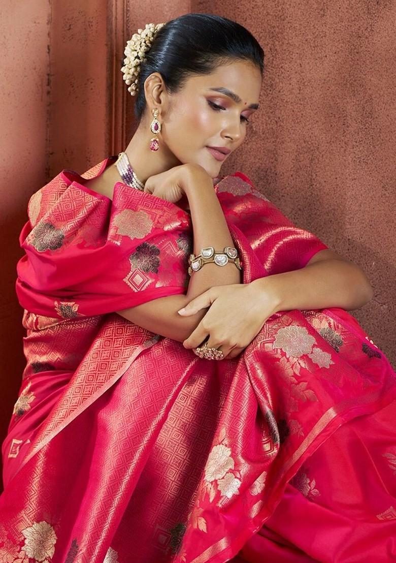 Red Woven Design Poly Blend Saree Set With Blouse