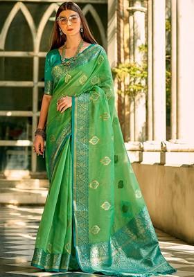 Green Woven Design Poly Blend Saree Set With Blouse