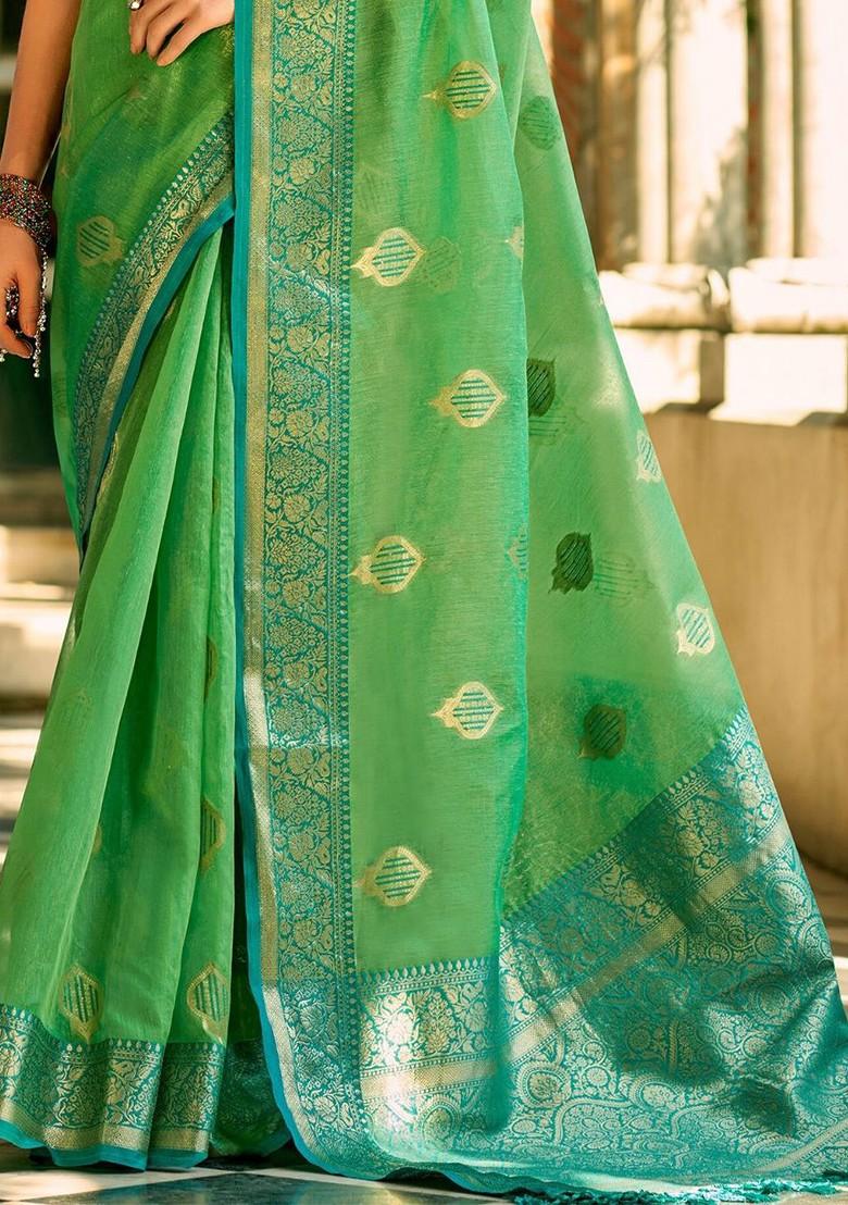 Green Woven Design Poly Blend Saree Set With Blouse