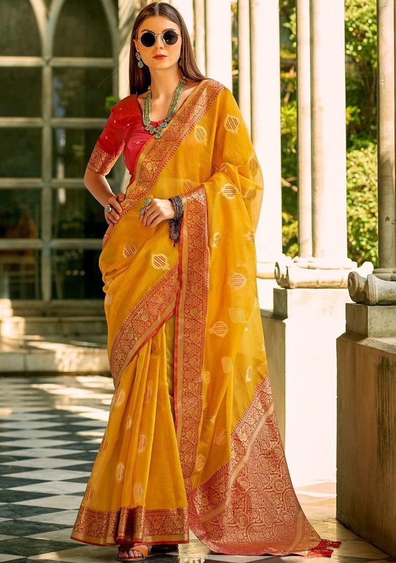 Mustard Yellow Embroidered Poly Blend Saree Set With Blouse