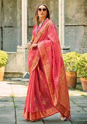 Pink Embroidered Poly Blend Saree Set With Blouse