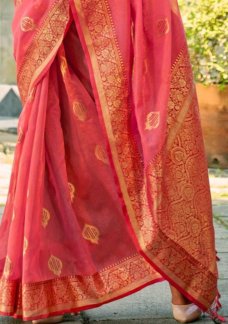Pink Embroidered Poly Blend Saree Set With Blouse
