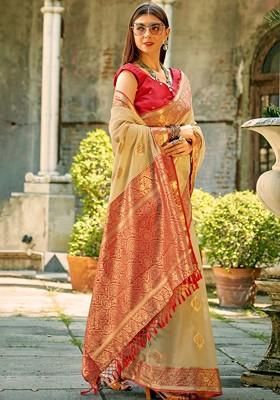 Beige Woven Design Poly Blend Saree Set With Blouse