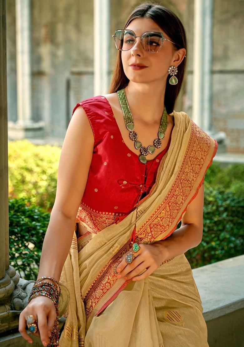 Beige Woven Design Poly Blend Saree Set With Blouse