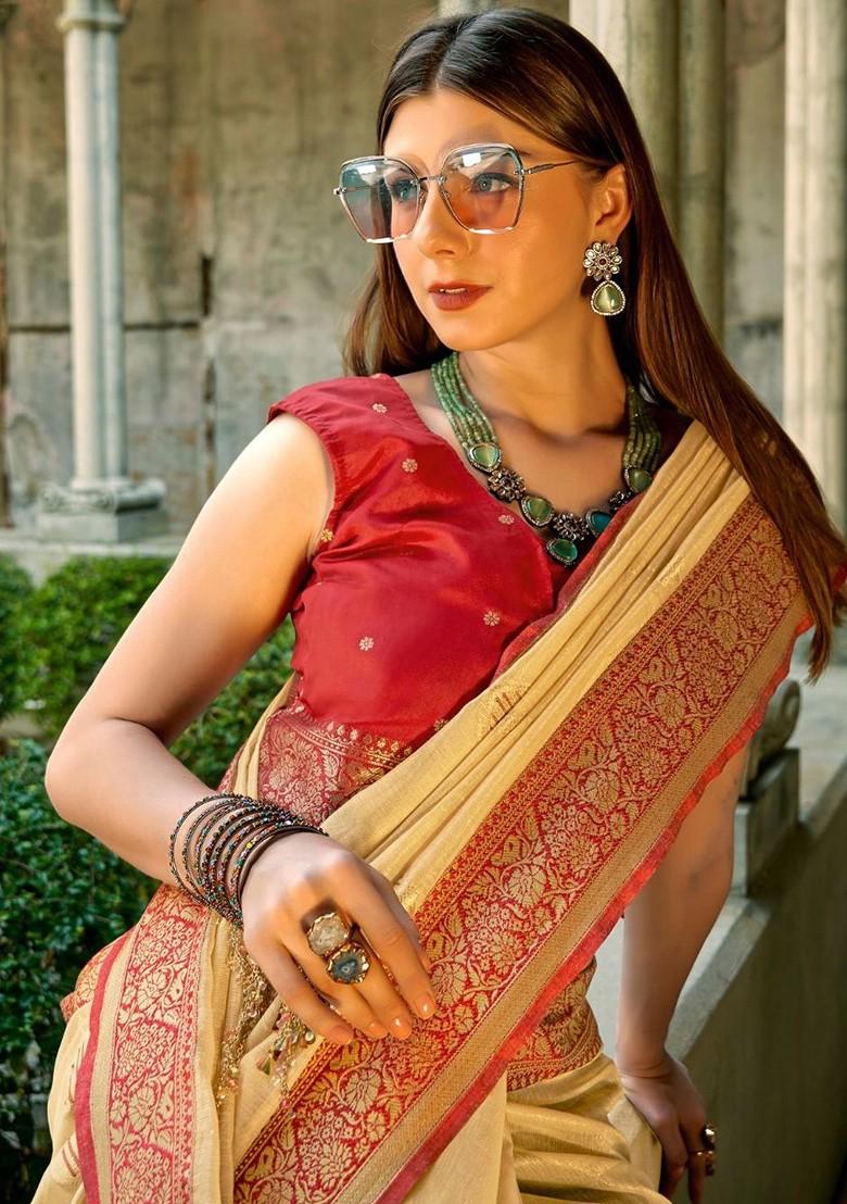 Beige Woven Design Poly Blend Saree Set With Blouse