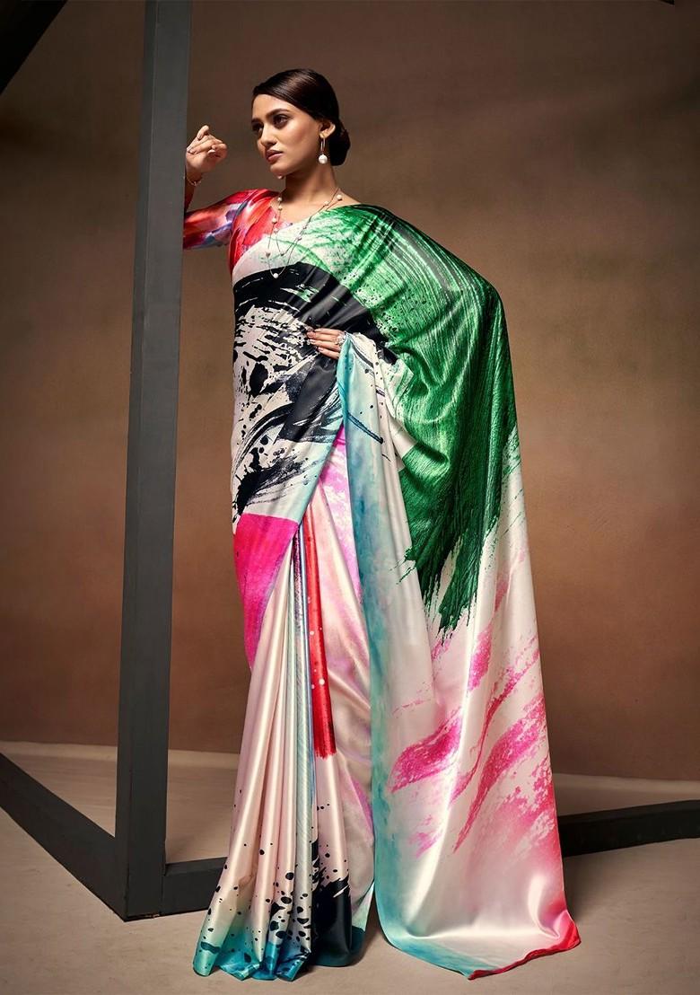 White Embroidered Poly Blend Saree Set With Blouse