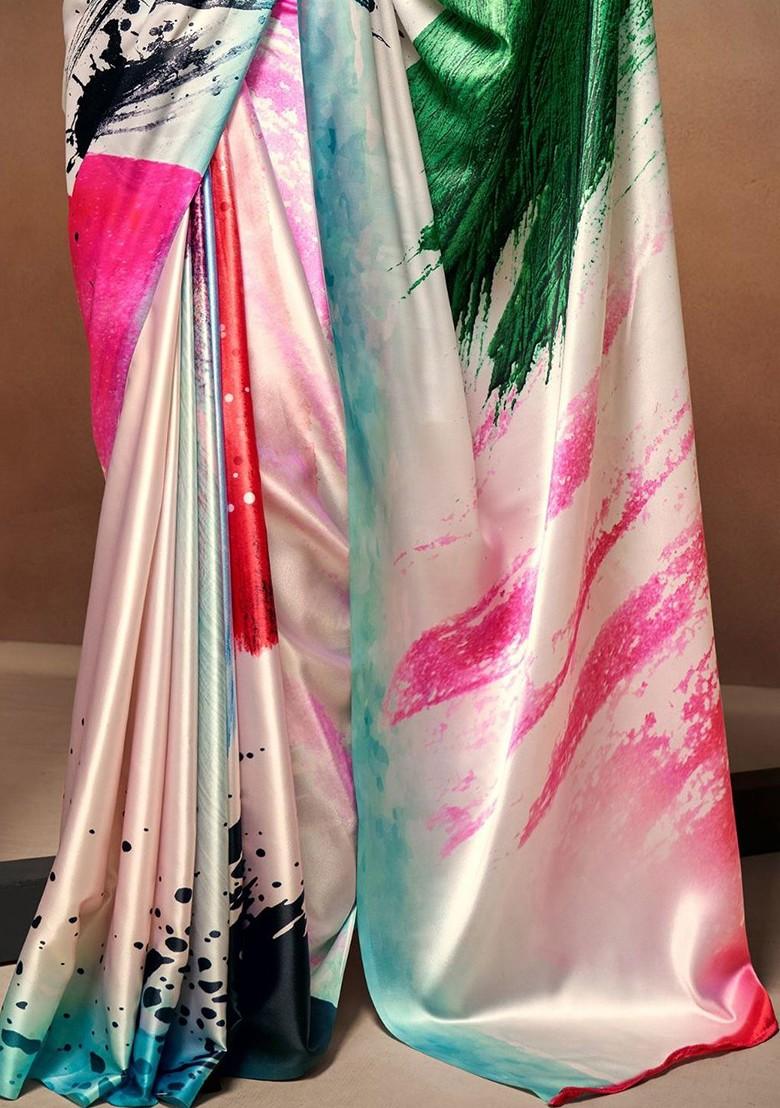 White Embroidered Poly Blend Saree Set With Blouse