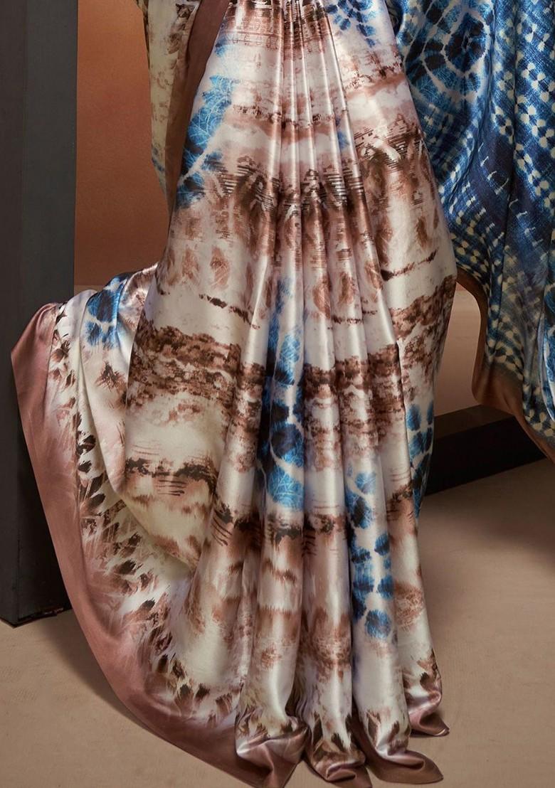 Blue Printed Poly Blend Saree Set With Blouse