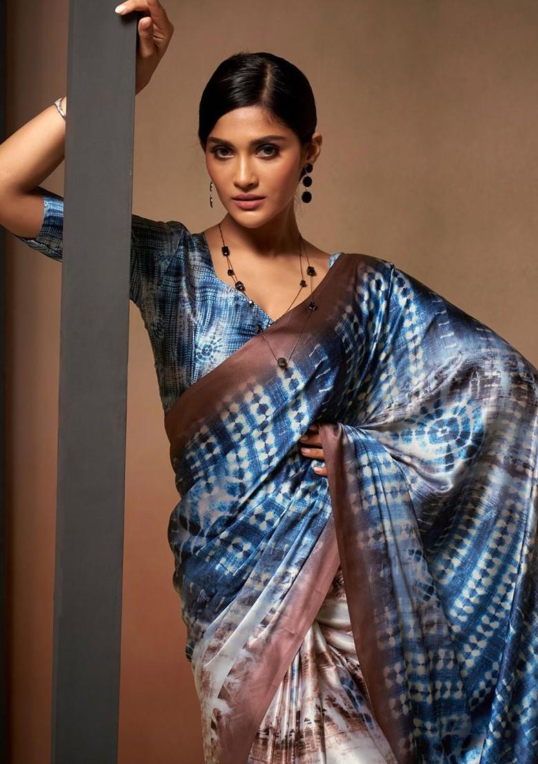 Blue Printed Poly Blend Saree Set With Blouse