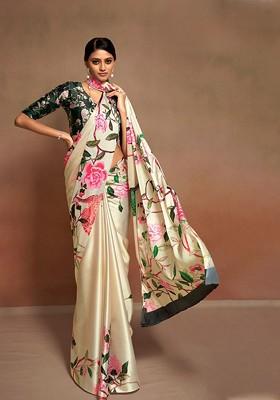Cream Embroidered Poly Blend Saree Set With Blouse