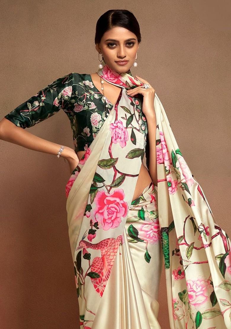 Cream Embroidered Poly Blend Saree Set With Blouse