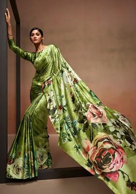 Green Printed Poly Blend Saree Set With Blouse