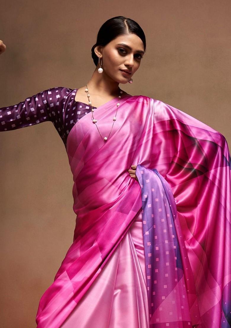 Pink Printed Poly Blend Saree Set With Blouse
