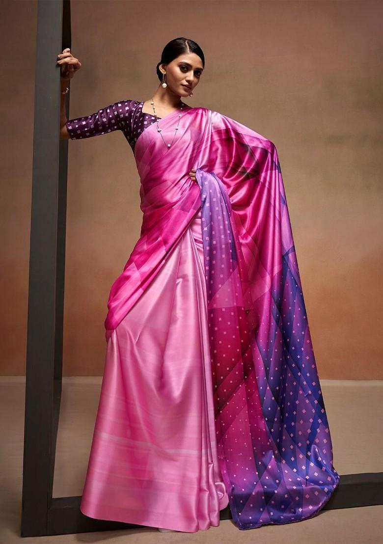 Pink Printed Poly Blend Saree Set With Blouse