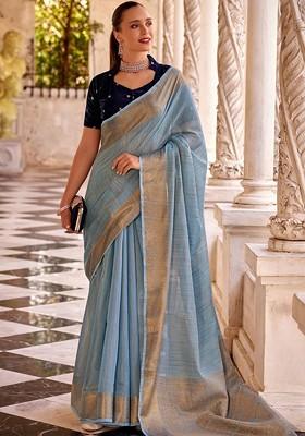 Blue Woven Design Poly Blend Saree Set With Blouse