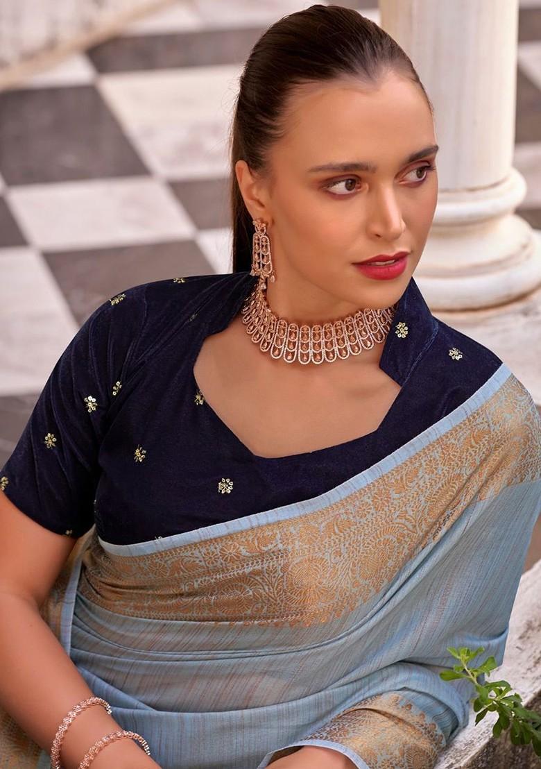Blue Woven Design Poly Blend Saree Set With Blouse