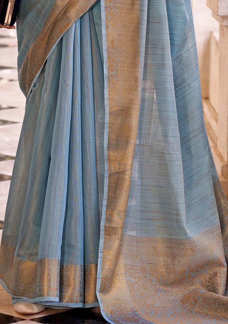 Blue Woven Design Poly Blend Saree Set With Blouse