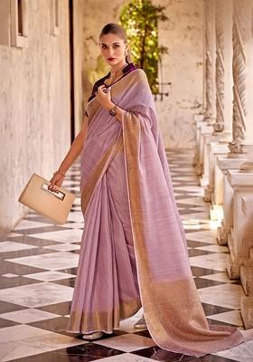 Purple Embroidered Poly Blend Saree Set With Blouse