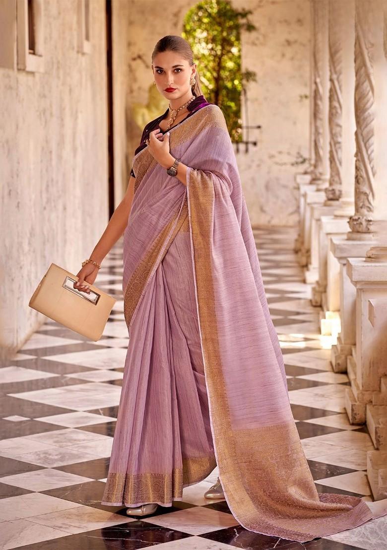 Purple Embroidered Poly Blend Saree Set With Blouse