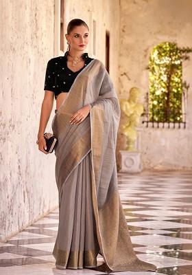 Grey Embroidered Poly Blend Saree Set With Blouse