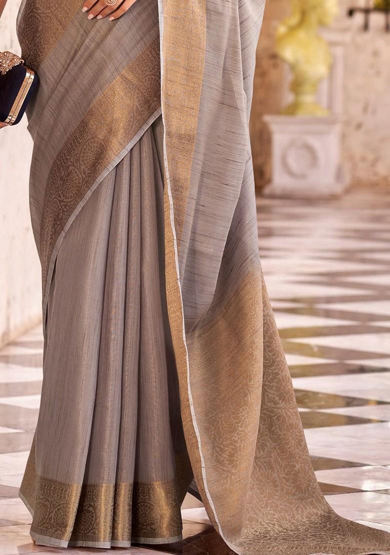 Grey Embroidered Poly Blend Saree Set With Blouse