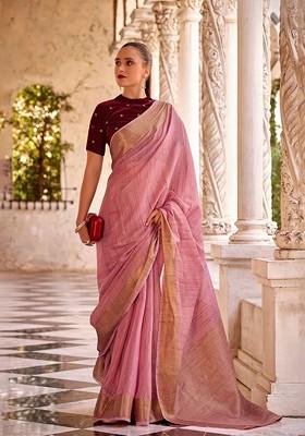Pink Embroidered Poly Blend Saree Set With Blouse