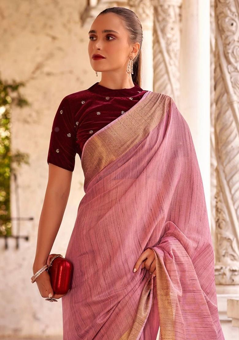 Pink Embroidered Poly Blend Saree Set With Blouse