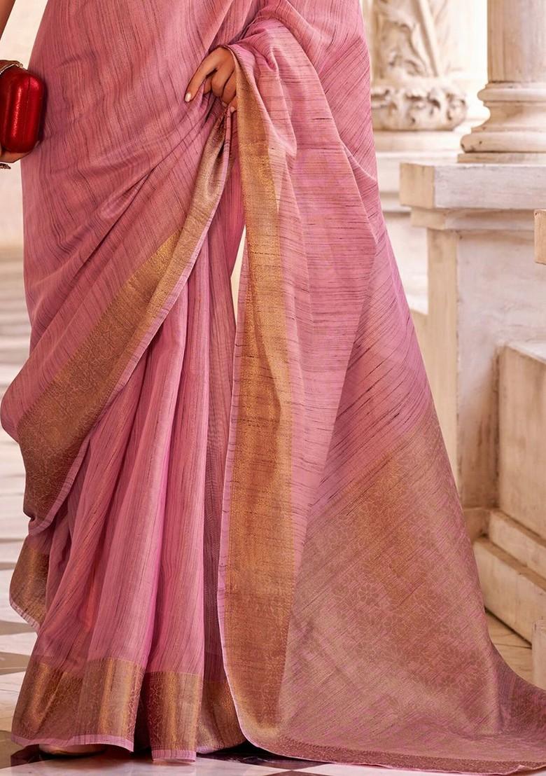Pink Embroidered Poly Blend Saree Set With Blouse