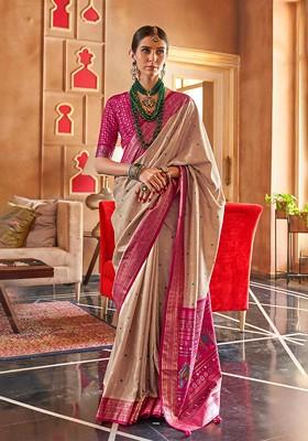 Beige Embroidered Poly Blend Saree Set With Blouse
