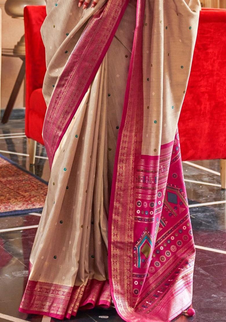 Beige Embroidered Poly Blend Saree Set With Blouse