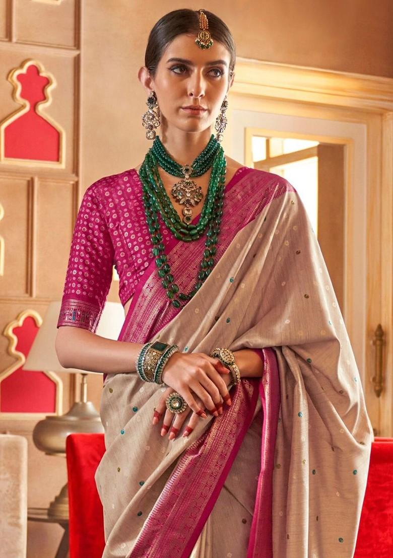 Beige Embroidered Poly Blend Saree Set With Blouse