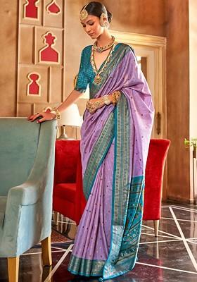 Lavender Woven Design Poly Blend Saree Set With Blouse