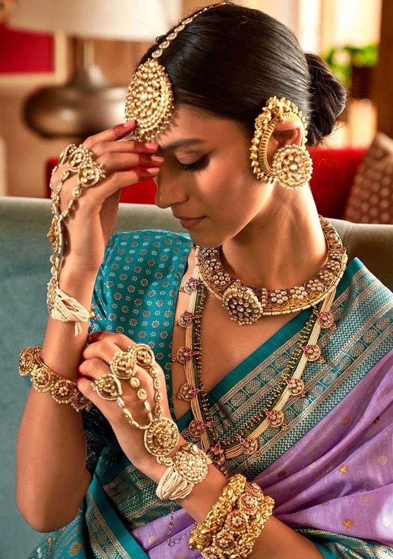 Lavender Woven Design Poly Blend Saree Set With Blouse