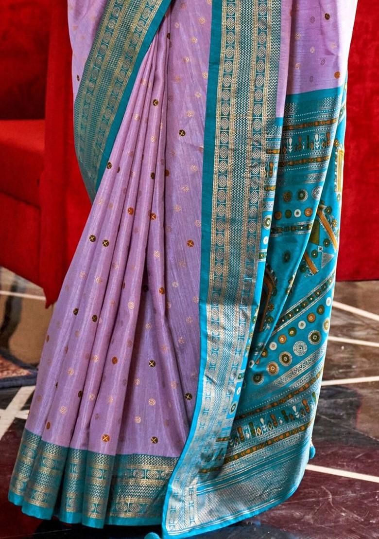 Lavender Woven Design Poly Blend Saree Set With Blouse