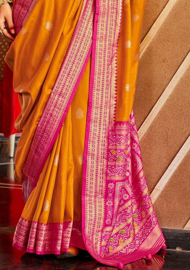 Orange Woven Design Poly Blend Saree Set With Blouse