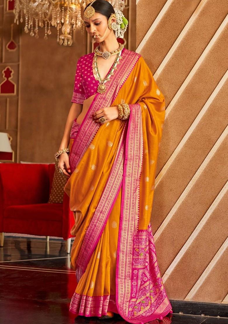 Orange Woven Design Poly Blend Saree Set With Blouse