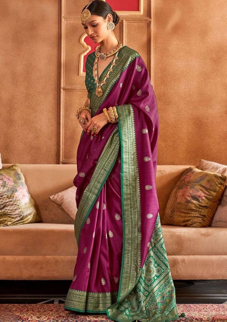 Pink Woven Design Poly Blend Saree Set With Blouse