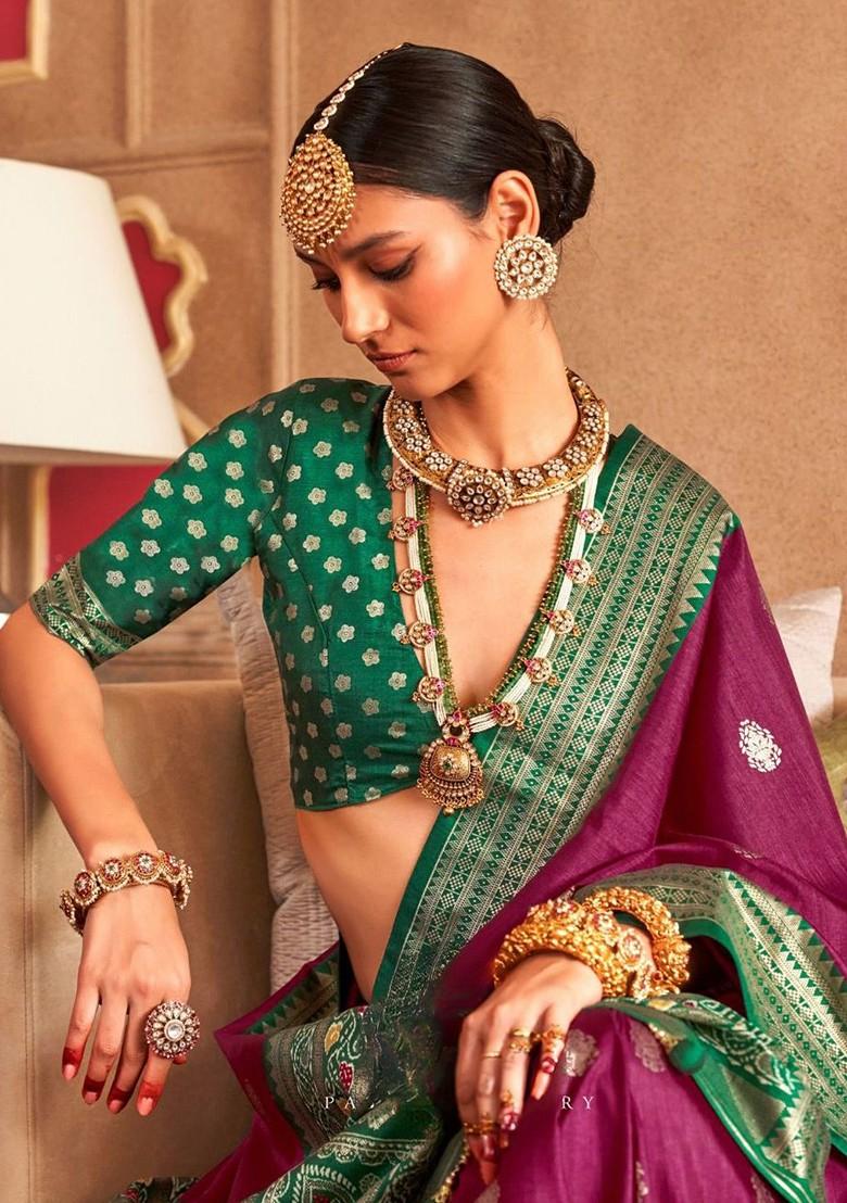 Pink Woven Design Poly Blend Saree Set With Blouse