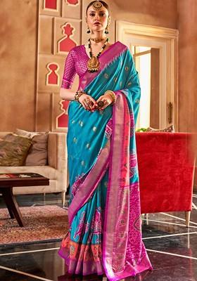 Blue Woven Design Poly Blend Saree Set With Blouse