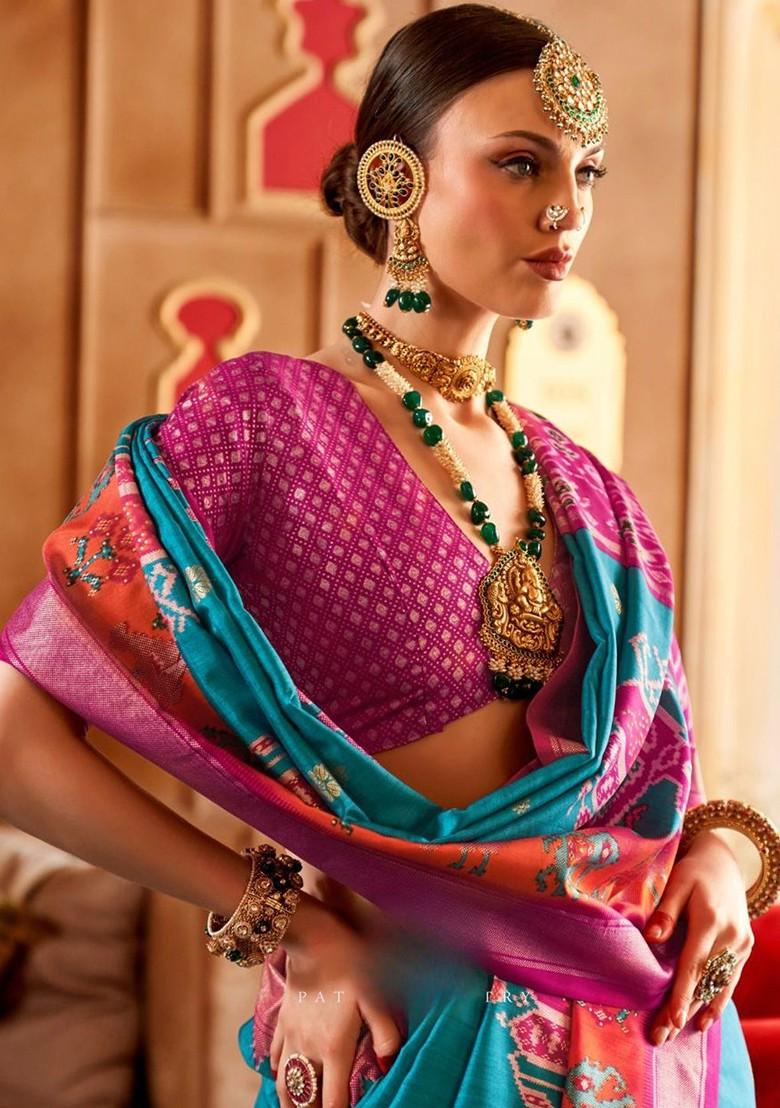 Blue Woven Design Poly Blend Saree Set With Blouse