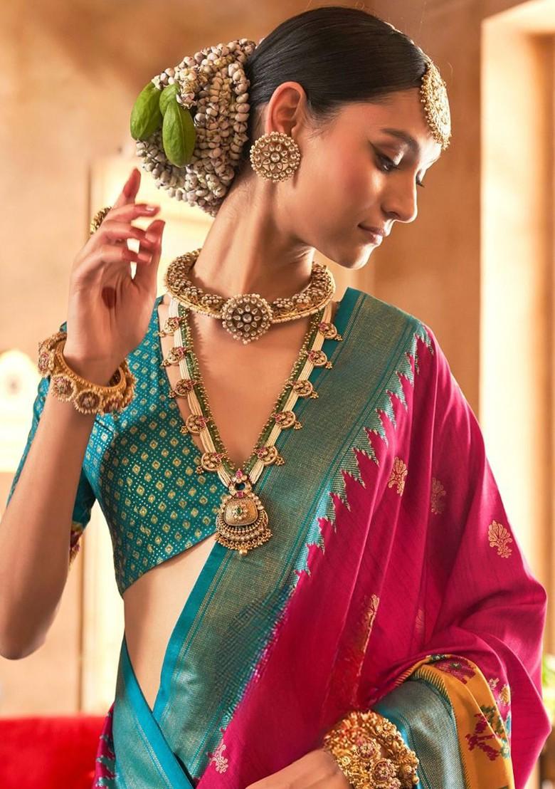 Pink Embroidered Poly Blend Saree Set With Blouse