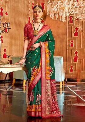 Green Woven Design Poly Blend Saree Set With Blouse