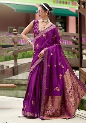 Purple Woven Design Poly Blend Saree Set With Blouse