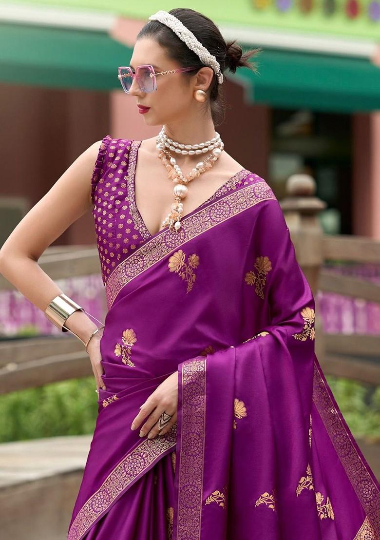 Purple Woven Design Poly Blend Saree Set With Blouse