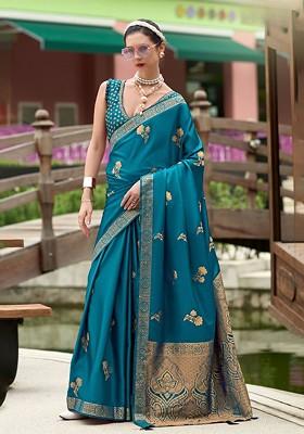 Blue Woven Design Poly Blend Saree Set With Blouse